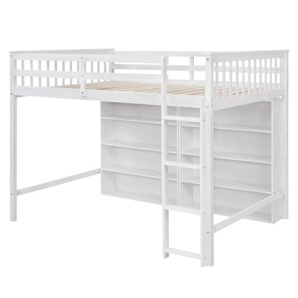 Full Size Loft Bed with 8 Open Storage Shelves and Built-in Ladder, White