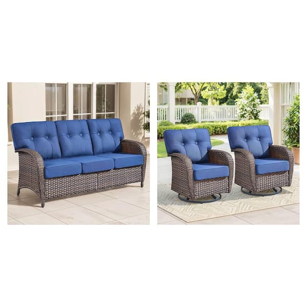 Modern Seaside Series Wicker Outdoor Patio Sofa and Rocking Chair with Blue Cushions