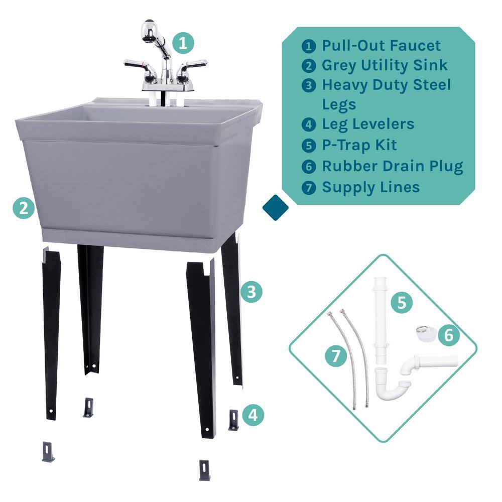 Gray Freestanding Utility Sink with Chrome Faucet and Metal Legs