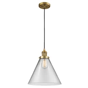 Cone 1-Light Brushed Brass Cone Pendant Light with Clear Glass Shade