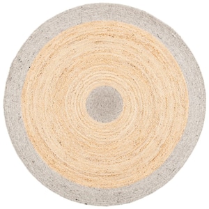 Braided Silver Natural 5 ft. x 5 ft. Solid Border Round Area Rug