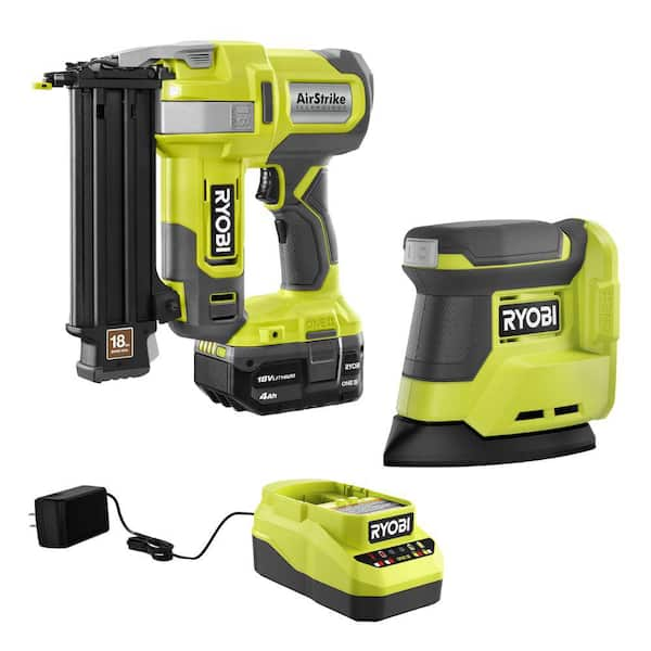 RYOBI ONE 18V 18 Gauge Cordless AirStrike Brad Nailer with Cordless Corner Cat Finish Sander 4.0 Ah Battery Charger P321K1 PCL416B The Home Depot