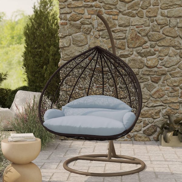 2-Person Egg Swing Chair in Brown Stainless Steel Porch Swing with Stand for Outdoor and Indoor in Light Grey
