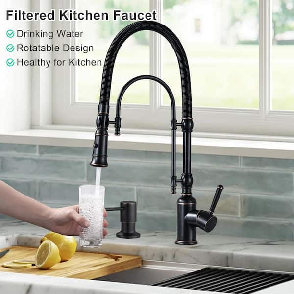 Single Handle Pull Down Sprayer Kitchen Faucet Solid Brass with Soap Dispenser in Oil Rubbed Bronze