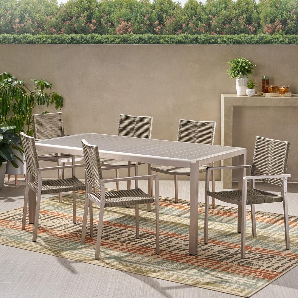 Noble House Lapis Silver 7Piece Aluminum Rectangular Outdoor Dining
