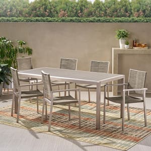 Lapis Silver 7-Piece Aluminum Rectangular Outdoor Dining Set with Faux Wood Table Top and Taupe Rope Seat