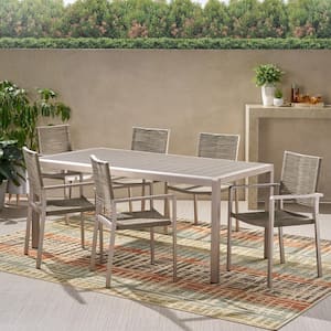 Lapis Silver 7-Piece Aluminum Rectangular Patio Outdoor Dining Set with Faux Wood Table Top and Taupe Rope Seat