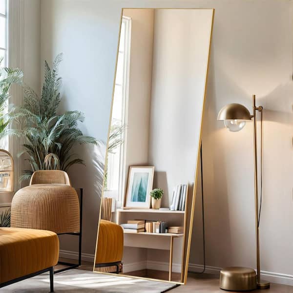 Relyblo 64 in. x 21 in. Full Length Rectangular Wall Mount Bathroom Vanity Mirror with Stand Aluminum Alloy Thin Frame in Gold