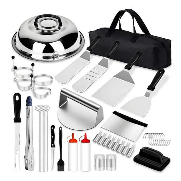 45-Piece Silver Stainless Steel Griddle Accessory Kit with Spatulas, Scraper, Basting Cover and Carry Bag