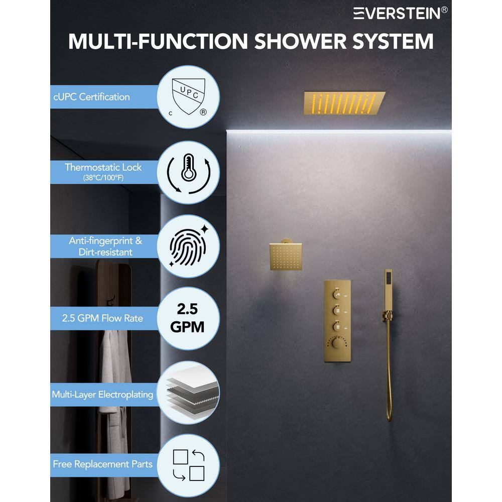 Brushed Gold LED Thermostatic Shower System with 12" Rainfall Head and Body Jets