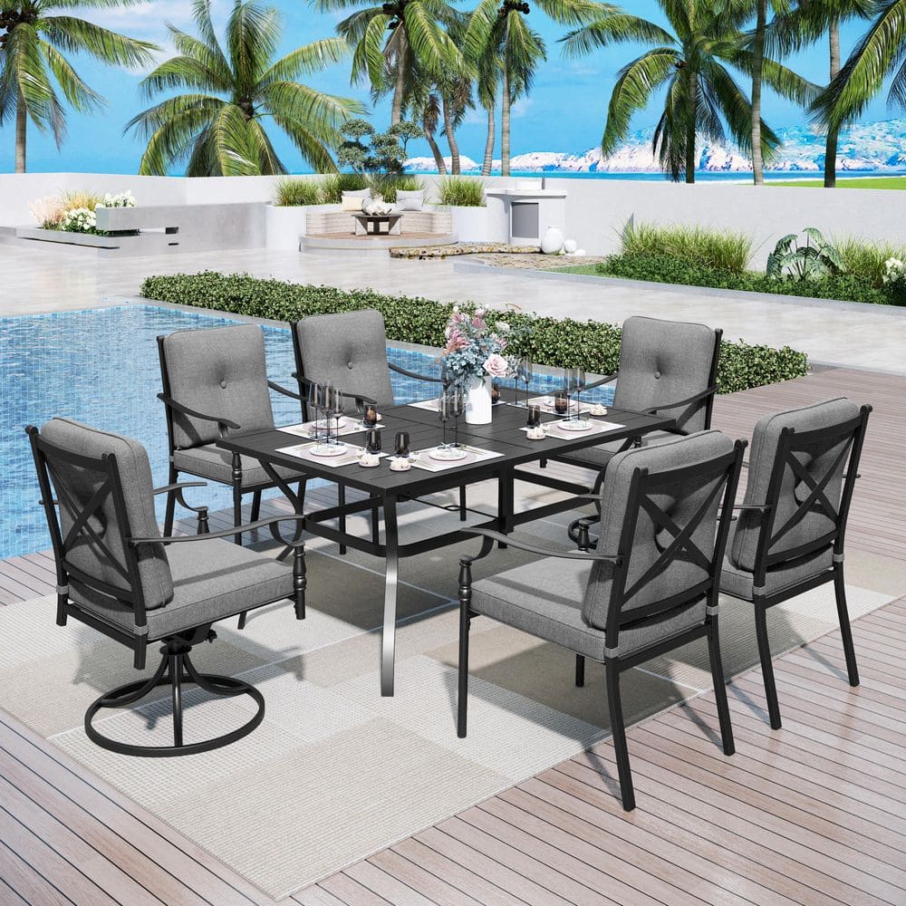 PHI VILLA 7-Piece Black Metal Patio Outdoor Dining Set with Slat