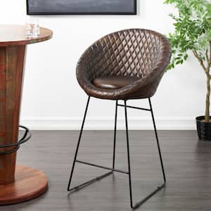42 in. Dark Brown Leather Round Diamond Tufted Bar Stool with High Back and Black Metal Legs