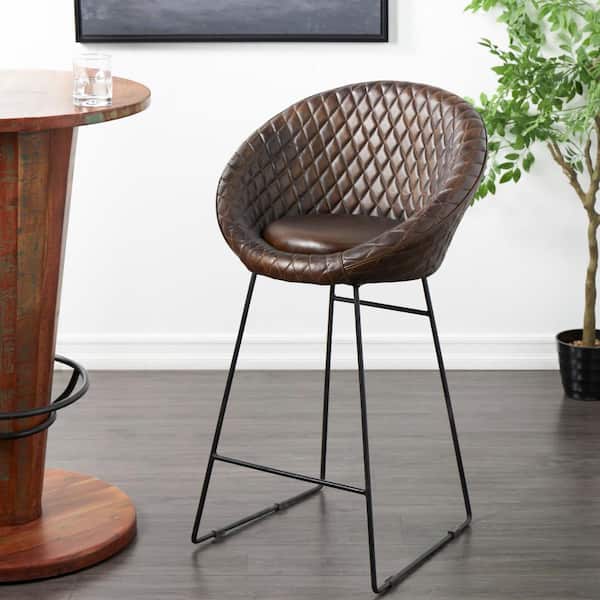 Litton Lane 42 in. Dark Brown Leather Round Diamond Tufted Bar Stool with High Back and Black Metal Legs