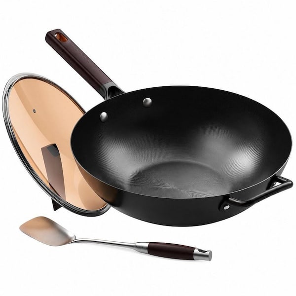 Large 13.5 in. Black Induction Carbon Steel Wok Pan Pre-Seasoned Flat Bottom Woks and Stir-Fry Pans with Lid and Spatula