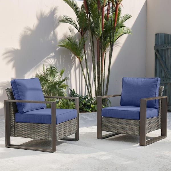 Gray Wood-Looking Metal Armrests Wicker Outdoor Lounge Chair, Modern Armchair with Navy Blue Cushions (2-Pack)