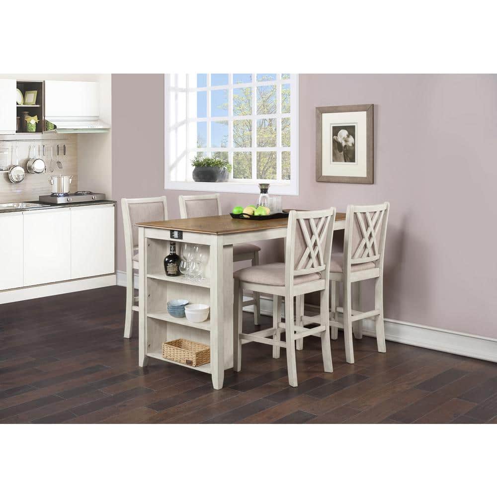Rustic Beige and Brown Wood Counter Set with 4 Chairs