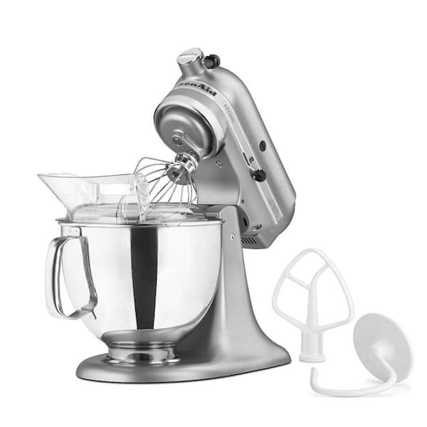 KitchenAid 5 Qt. 10-Speed Silver Stand Mixer with Flat Beater, 6-Wire Whip and Dough Hook Attachments KSM150PSCU - The Depot
