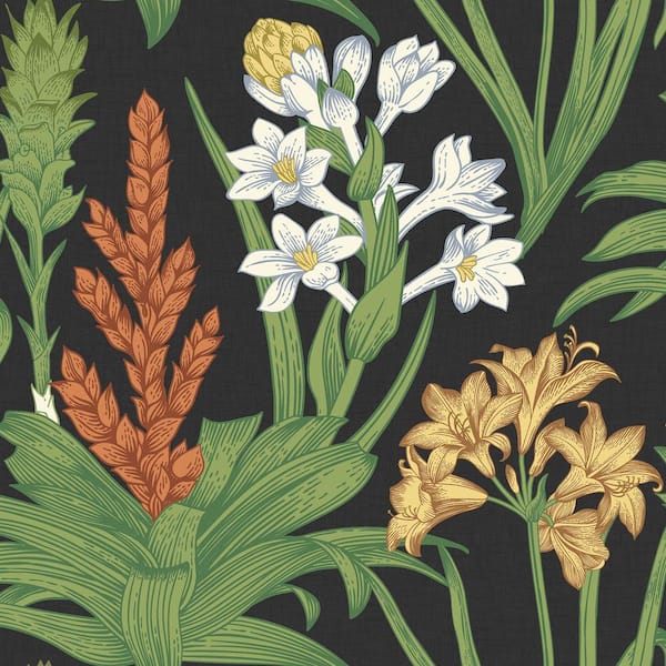 NuWallpaper Black Blooming Villa Vinyl Matte Peel and Stick Wallpaper Sample