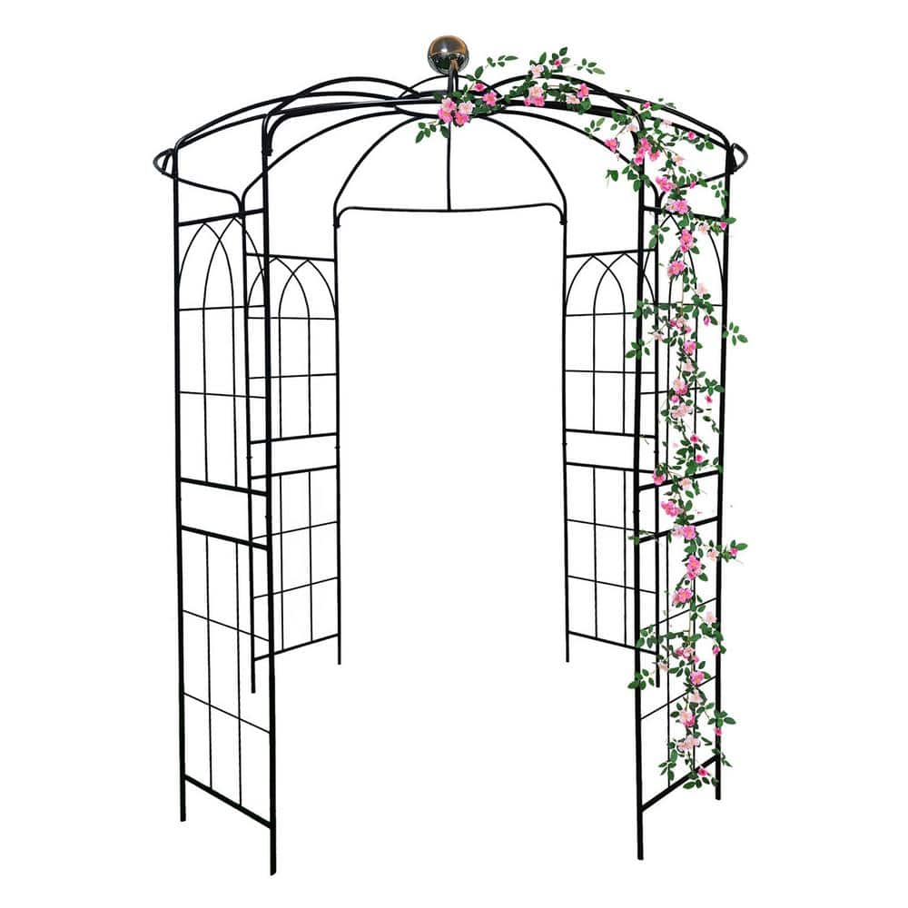 114 in. x 81 in. Black Metal Garden Arch Arbor Outdoor Arbors Birdcage ...