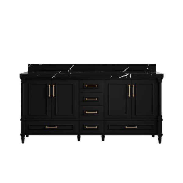 Hudson 72 in. W x 22 in. D x 36 in. H Double Sink Bath Vanity in Black with 2 in. Calacatta Black Qt. Top