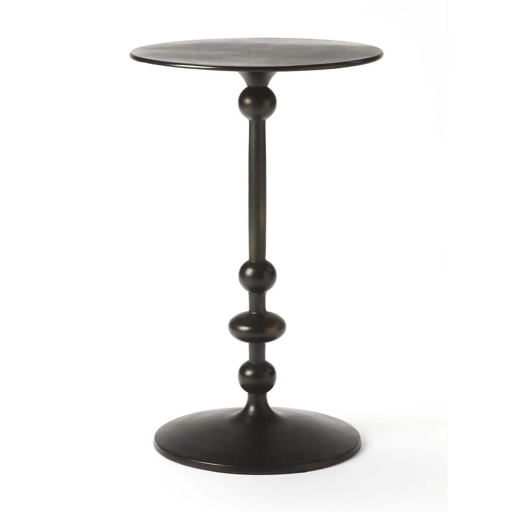 Elegant Round Black Iron and Wood Pedestal End Table