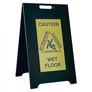 24 in. Black 2-Sided Recycled Plastic With Gold Insert Panel Bilingual Wet Floor Sign