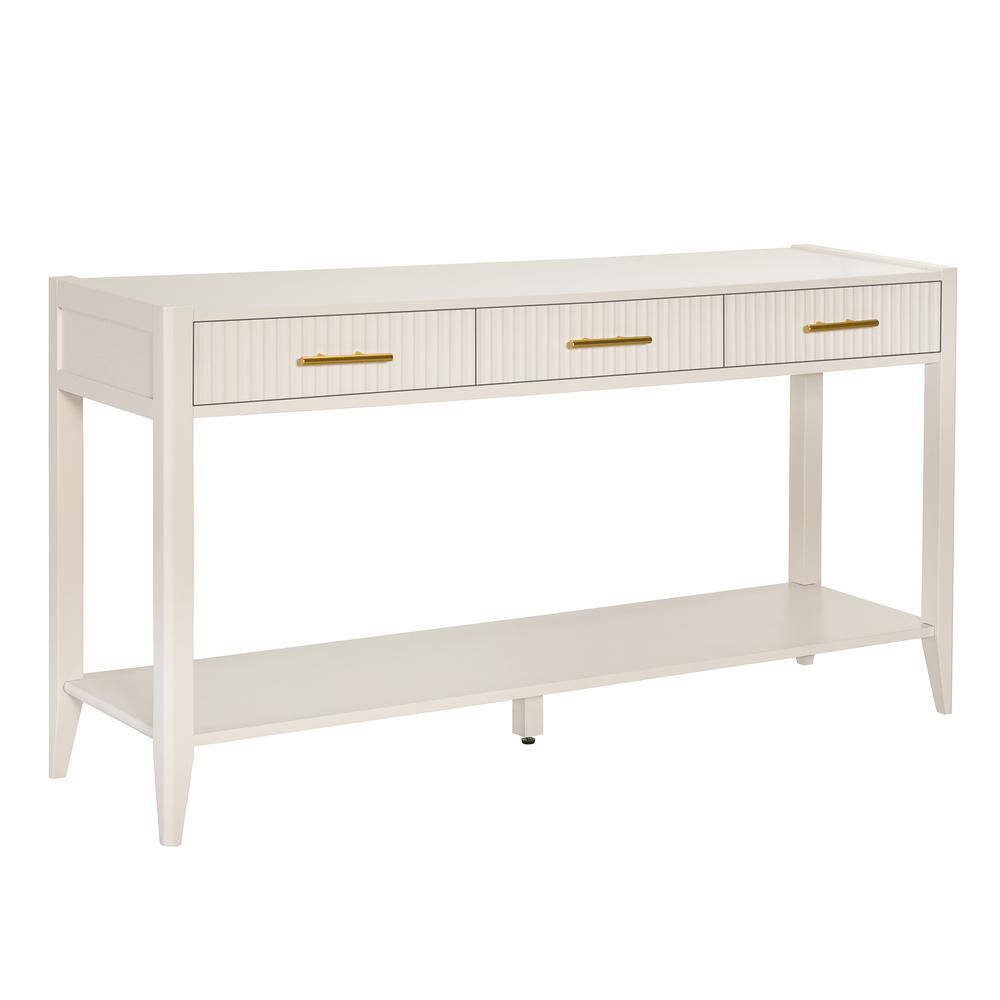 60 in. White Rectangle Wood Console Table with Open Shelf, 3 Vertical Stripe Drawers and Gold Metal Handles