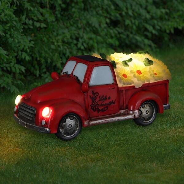 5 in. Solar Retro Red Truck with Yellow LED Sunflowers Garden Statue