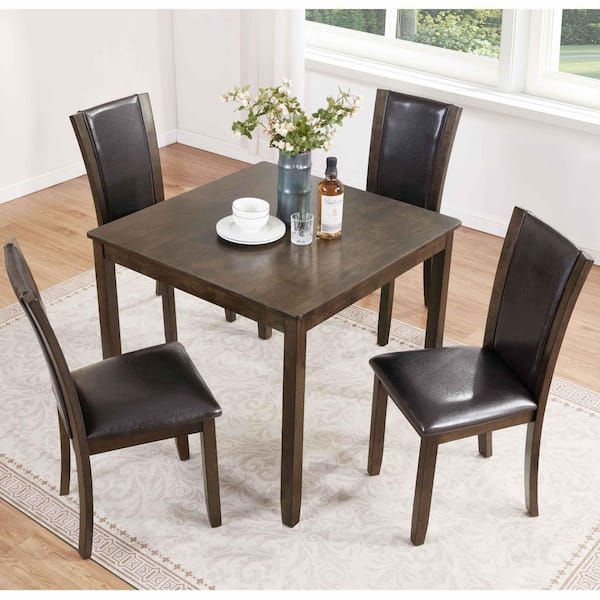 5-Piece Square Dark Walnut Wood Top Dining Room Set Seats 4