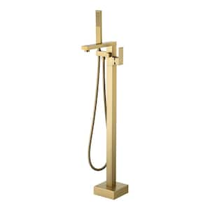1-Handle Claw Foot Freestanding Floor Mount Tub Faucet with Hand Shower in Brushed Gold