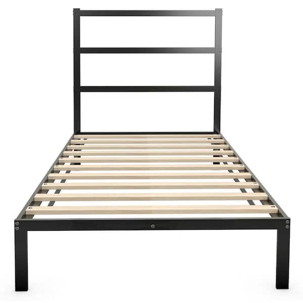 ANGELES HOME 81 in. W Black Twin Size Steel Frame Metal Bed Platform Frame with Headboard