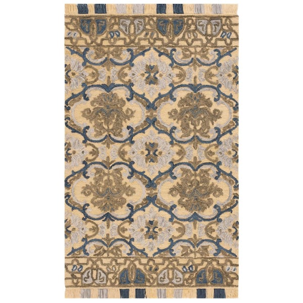 Blossom 4 ft. x 6 ft. Gold/Blue Border Area Rug