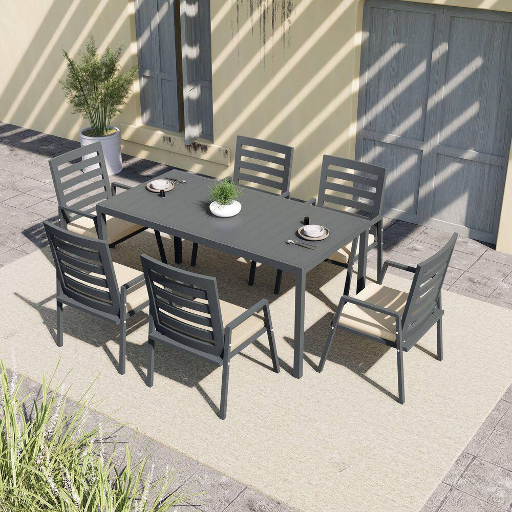 Chelsea 7-Piece Aluminum Rectangular Outdoor Dining Set with Beige Cushions and Extendable Table