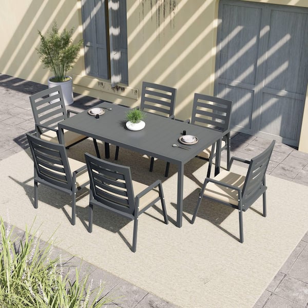 Chelsea 7-Piece Aluminum Rectangular Outdoor Dining Set with Beige Cushions and Extendable Table