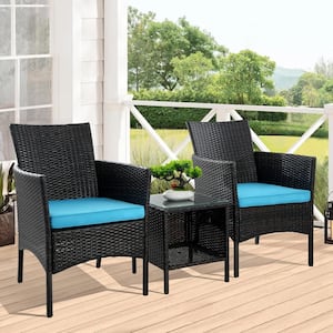 3-Piece Brown Wicker Outdoor Dining Set, Square Table and Rattan Chairs with Cyan Cushions