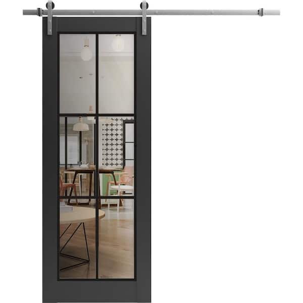 42 in. x 96 in. 1 Panel Clear Glass Black Matte Solid Wood Sliding Barn Door with Hardware Kit