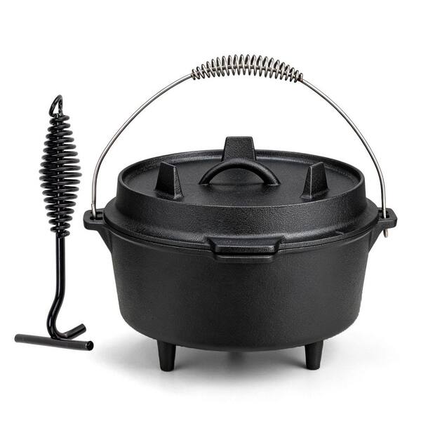 7.9 QT Enameled Cast Iron Camping Dutch Oven with Bail Handle and Lid Lifter Hook for Outdoor Campfire Cooking