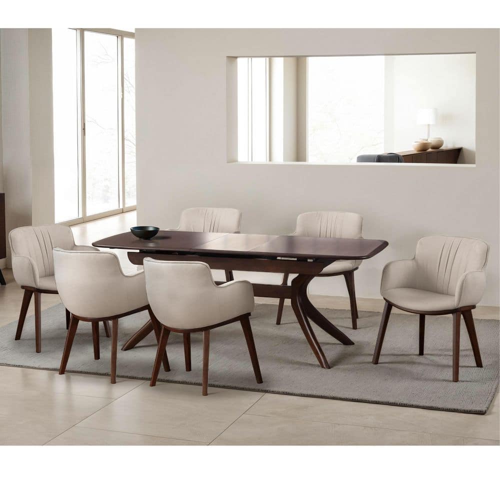 Shayna 7-Piece Rectangle Rich Walnut/Beige Wood Top Dining Room Set with Self Storing Drop Leaf (Seats 6)