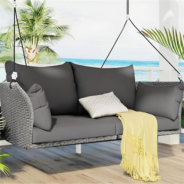 Unbranded 2-Person Patio Wicker Porch Swing Chair, Rattan Woven, with Ropes, Gray Wicker and Cushion for Garden, Balcony, Backyard