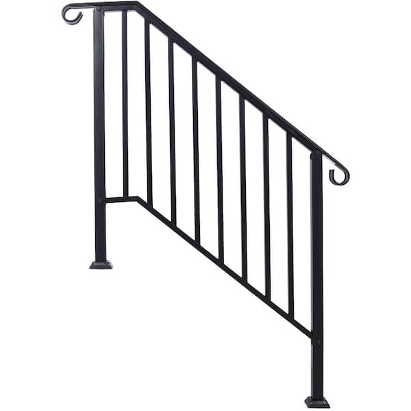 Black Iron Outdoor Steps Handrails Fit 3 or 4 Steps for Concrete Steps or Wooden Stairs