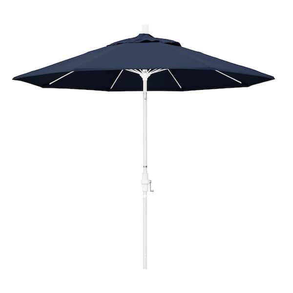 California Umbrella 9 ft. Matted White Aluminum Market Patio Umbrella with Collar Tilt Crank Lift in Spectrum Indigo Sunbrella