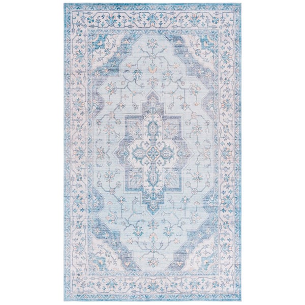 Arizona 5 ft. x 8 ft. Light Blue/Ivory Machine Washable Faded Medallion Area Rug