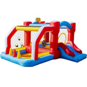 142"L Multicolored Vinyl Inflatable Bounce House with Play Area, Slide & Heavy-Duty Blower, Play House For Kids Parties