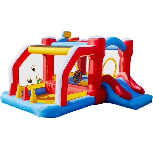JOYIN 142"L Multicolored Vinyl Inflatable Bounce House with Play Area, Slide & Heavy-Duty Blower, Play House For Kids Parties