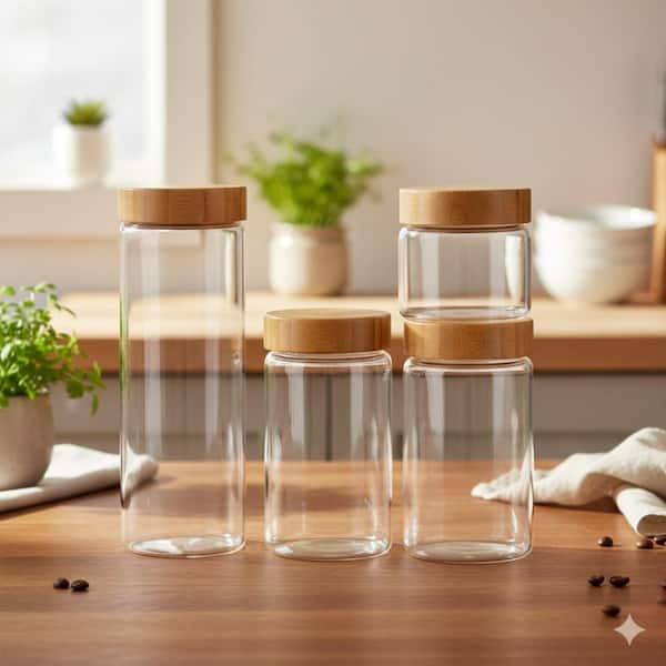 5-Piece Glass Food Storage Container Set with Airtight Screw on Bamboo Lids for Cookie Pasta Cereal Kitchen