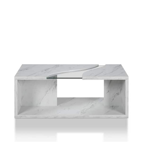 Furniture of America Dulcet 47 in. Marble White Rectangle Glass Top Coffee Table with Shelf