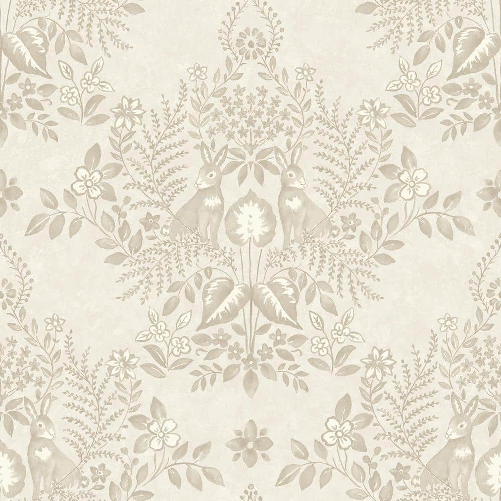 Wicker Beige Damask Peel & Stick Wallpaper with Rabbit Design