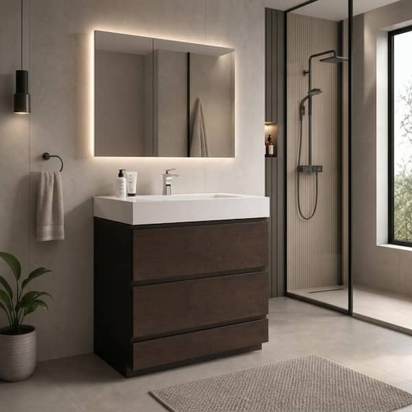 30" Walnut Freestanding Bathroom Vanity with One-Piece White Basin, Pre-assembled