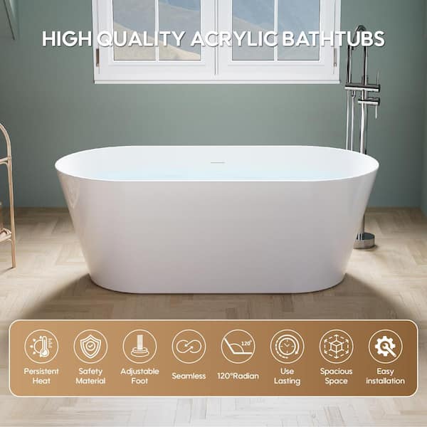Divan 60 in. x 28.74 in. Soaking Bathtub with Center Drain in Glossy White Freestanding 100% Pure Virgin Acrylic Bathtub