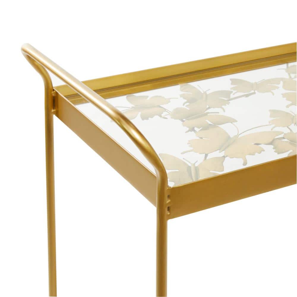 Sleek Gold Contemporary Rectangular Bar Cart with Glass Shelves